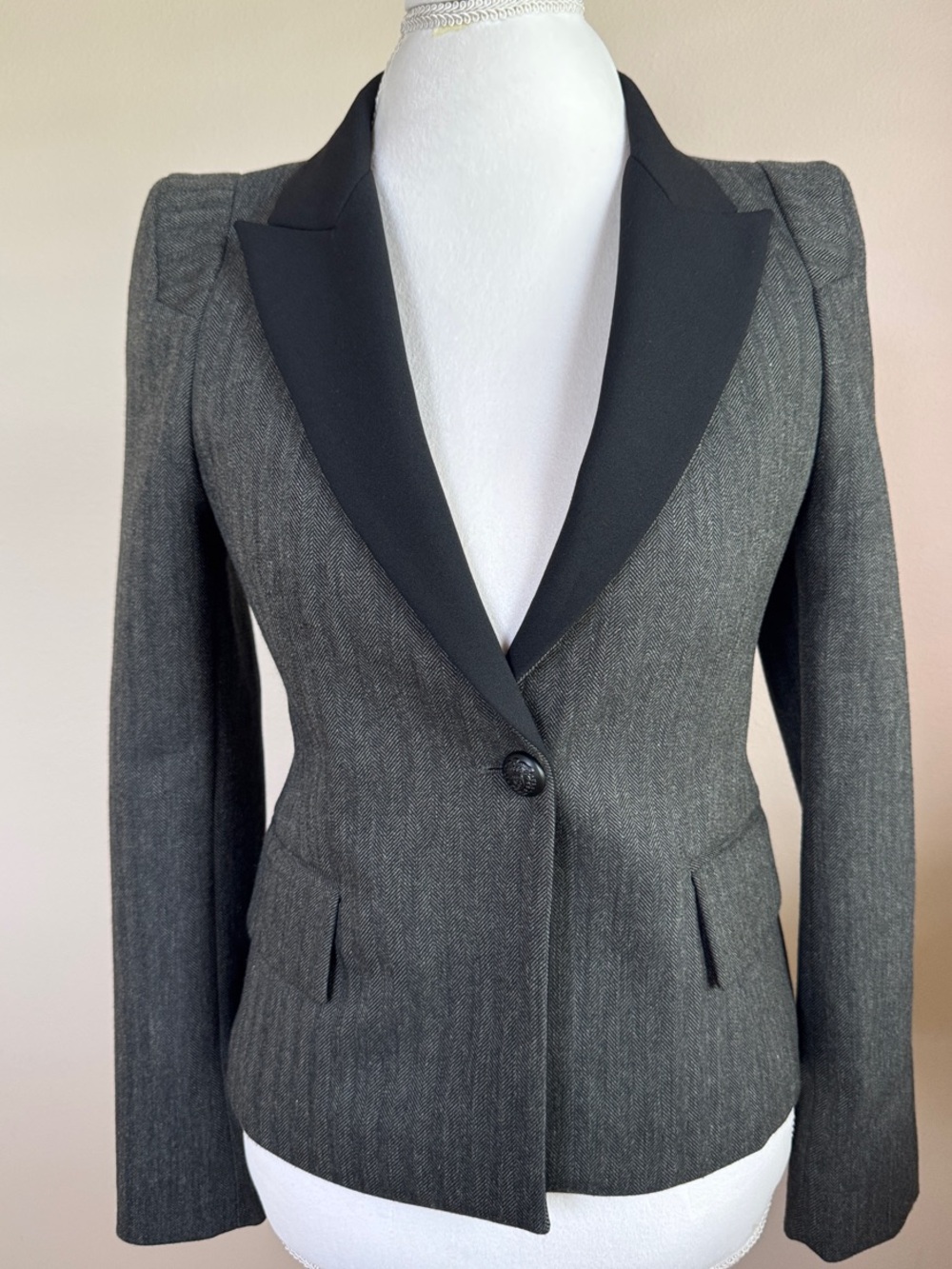 Zara Charcoal Gray Blazer with Black Satin Lapel
